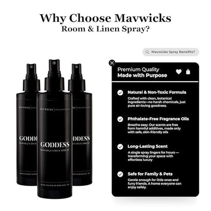 Mavwicks Fragrances (Goddess) Linen- & Raumspray 240 ml – langanhaltende Frische für Schlafzimmer & Zuhause, Aromatherapie-Duftspray für Stoffe & Luft