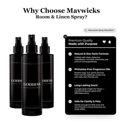 Mavwicks Fragrances (Goddess) Linen- & Raumspray 240 ml – langanhaltende Frische für Schlafzimmer & Zuhause, Aromatherapie-Duftspray für Stoffe & Luft
