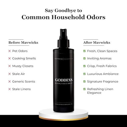 Mavwicks Fragrances (Goddess) Linen- & Raumspray 240 ml – langanhaltende Frische für Schlafzimmer & Zuhause, Aromatherapie-Duftspray für Stoffe & Luft