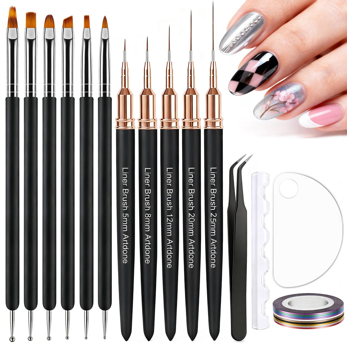 Artdone Nagel-Streifenband-Linien-Kit mit Nagelkunststiften, Dotting-Tools und Liner-Pinseln für Gel-Nagellack, kleine Detail-Zeichenwerkzeuge