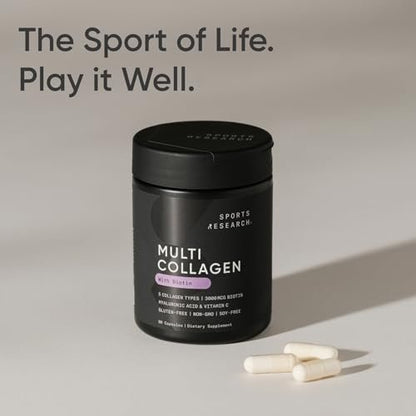 Sports Research® Biotin-Infused Collagen Peptides Complex mit Hyaluronsäure – 5 Multi-Kollagentypen für Haare, Haut und Gelenke* - Glutenfrei · Nicht-GVO · 90 Kapseln