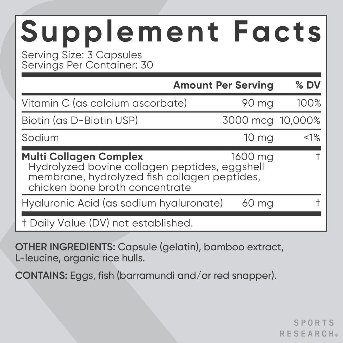 Sports Research® Biotin-Infused Collagen Peptides Complex mit Hyaluronsäure – 5 Multi-Kollagentypen für Haare, Haut und Gelenke* - Glutenfrei · Nicht-GVO · 90 Kapseln