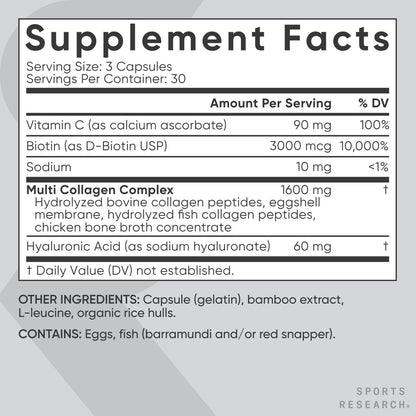 Sports Research® Biotin-Infused Collagen Peptides Complex mit Hyaluronsäure – 5 Multi-Kollagentypen für Haare, Haut und Gelenke* - Glutenfrei · Nicht-GVO · 90 Kapseln