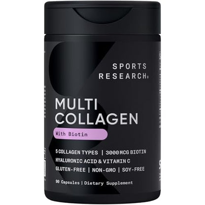 Sports Research® Biotin-Infused Collagen Peptides Complex mit Hyaluronsäure – 5 Multi-Kollagentypen für Haare, Haut und Gelenke* - Glutenfrei · Nicht-GVO · 90 Kapseln