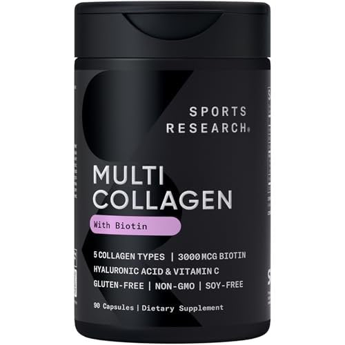 Sports Research® Biotin-Infused Collagen Peptides Complex mit Hyaluronsäure – 5 Multi-Kollagentypen für Haare, Haut und Gelenke* - Glutenfrei · Nicht-GVO · 90 Kapseln