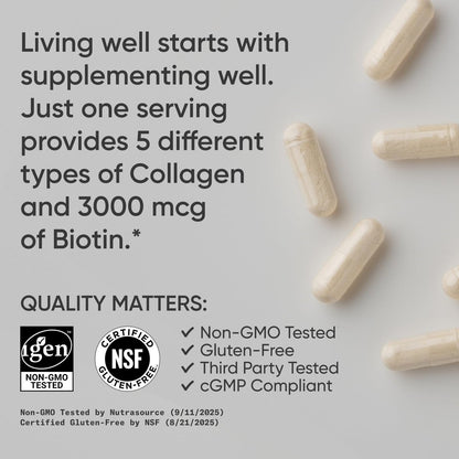 Sports Research® Biotin-Infused Collagen Peptides Complex mit Hyaluronsäure – 5 Multi-Kollagentypen für Haare, Haut und Gelenke* - Glutenfrei · Nicht-GVO · 90 Kapseln