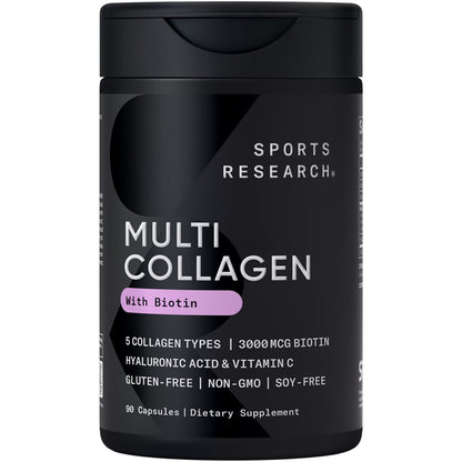 Sports Research® Biotin-Infused Collagen Peptides Complex mit Hyaluronsäure – 5 Multi-Kollagentypen für Haare, Haut und Gelenke* - Glutenfrei · Nicht-GVO · 90 Kapseln