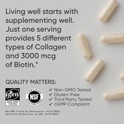 Sports Research® Biotin-Infused Collagen Peptides Complex mit Hyaluronsäure – 5 Multi-Kollagentypen für Haare, Haut und Gelenke* - Glutenfrei · Nicht-GVO · 90 Kapseln