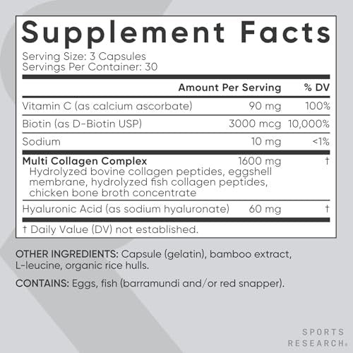 Sports Research® Biotin-Infused Collagen Peptides Complex mit Hyaluronsäure – 5 Multi-Kollagentypen für Haare, Haut und Gelenke* - Glutenfrei · Nicht-GVO · 90 Kapseln