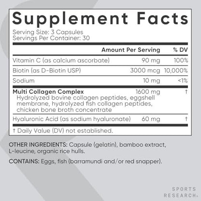 Sports Research® Biotin-Infused Collagen Peptides Complex mit Hyaluronsäure – 5 Multi-Kollagentypen für Haare, Haut und Gelenke* - Glutenfrei · Nicht-GVO · 90 Kapseln