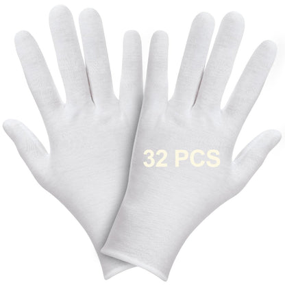 FOTKYXH 32 Stück (16 Paar) Dünne Weiße Handschuhe für Trockene Hände beim Schlafen, Atmungsaktive Weiße Handschuhe mit Elastischem Bündchen für Übernachtbehandlung, Ekzem, Spa, Arbeit, Inspektion (Einheitsgröße)