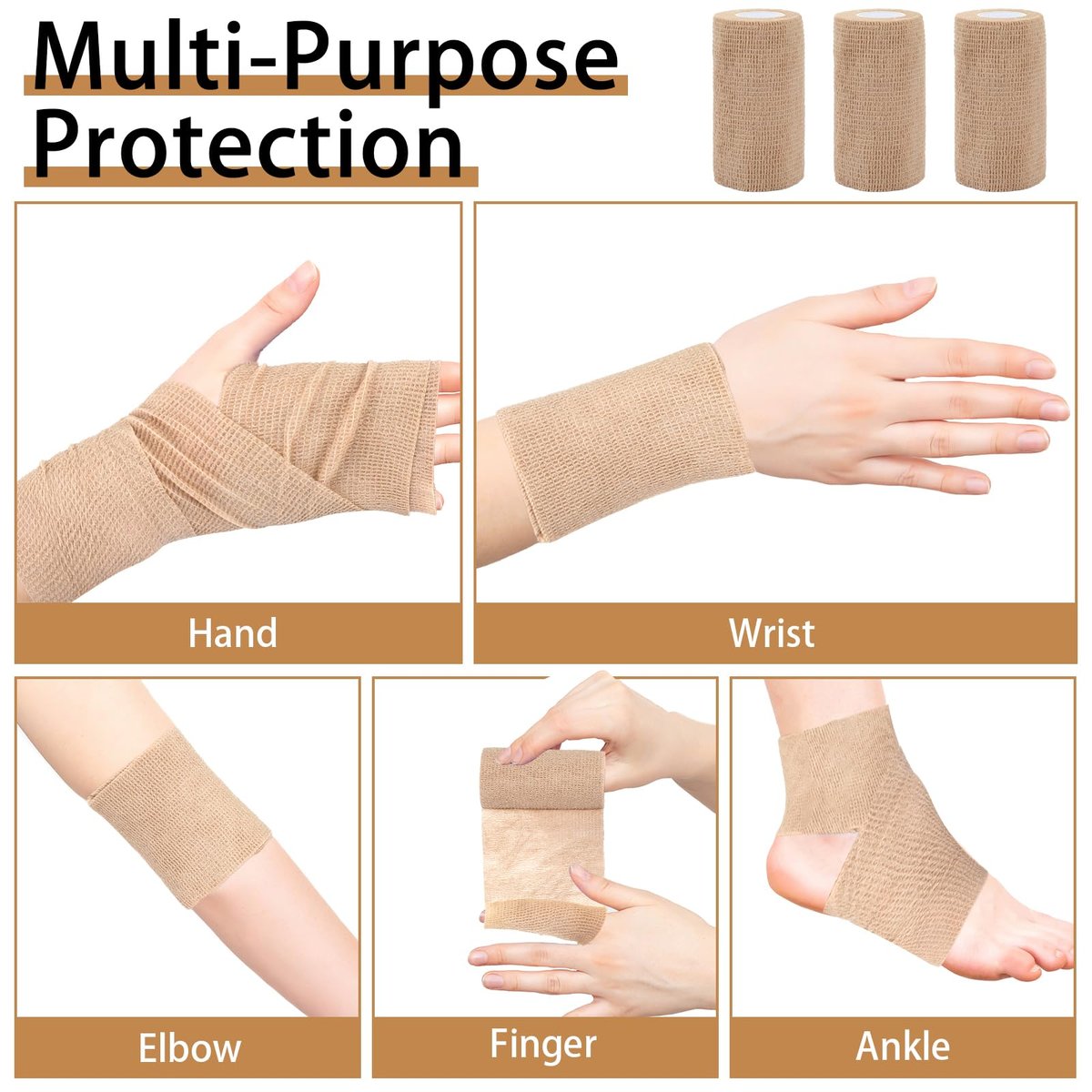 BEVTEE Selbstklebender Verbandswrap 6er-Pack, 4" x 5 Yards Elastischer Coban-Wrap, Kompressionsverband aus nicht gewebtem Material für Handgelenk, Knöchel, Hand, Bein, Schwellungen, Tierverband, Grifftape