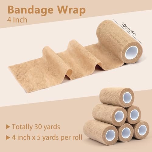 BEVTEE Selbstklebender Verbandswrap 6er-Pack, 4" x 5 Yards Elastischer Coban-Wrap, Kompressionsverband aus nicht gewebtem Material für Handgelenk, Knöchel, Hand, Bein, Schwellungen, Tierverband, Grifftape