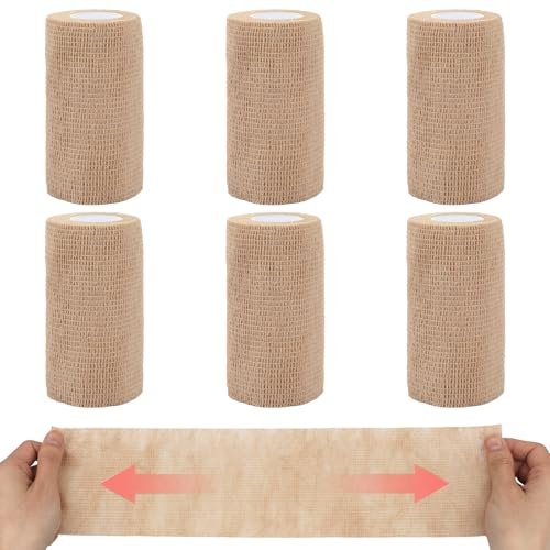 BEVTEE Selbstklebender Verbandswrap 6er-Pack, 4" x 5 Yards Elastischer Coban-Wrap, Kompressionsverband aus nicht gewebtem Material für Handgelenk, Knöchel, Hand, Bein, Schwellungen, Tierverband, Grifftape