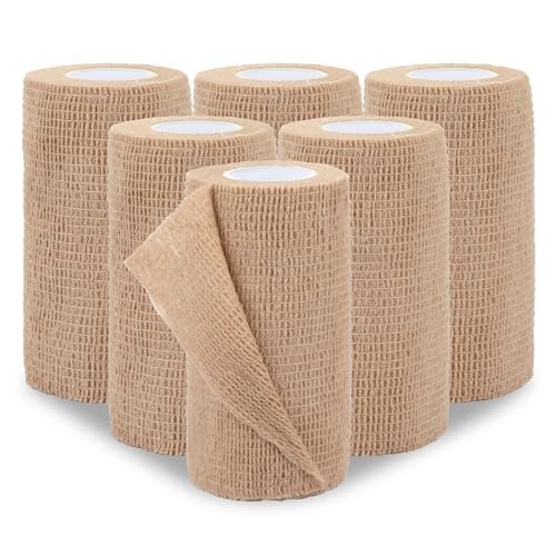 BEVTEE Selbstklebender Verbandswrap 6er-Pack, 4" x 5 Yards Elastischer Coban-Wrap, Kompressionsverband aus nicht gewebtem Material für Handgelenk, Knöchel, Hand, Bein, Schwellungen, Tierverband, Grifftape