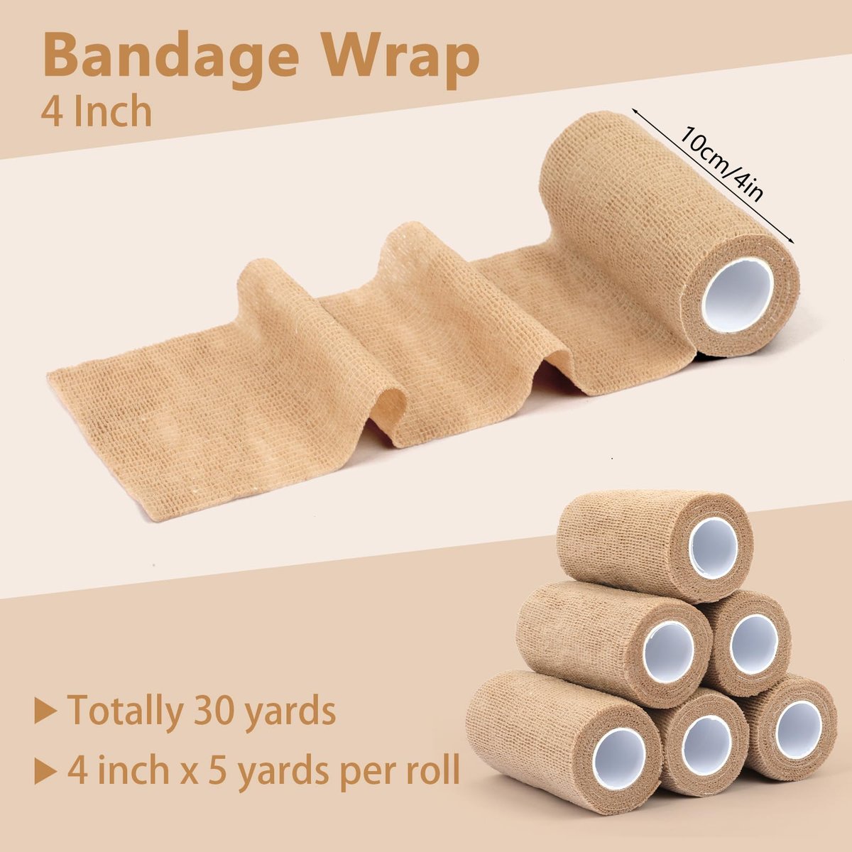 BEVTEE Selbstklebender Verbandswrap 6er-Pack, 4" x 5 Yards Elastischer Coban-Wrap, Kompressionsverband aus nicht gewebtem Material für Handgelenk, Knöchel, Hand, Bein, Schwellungen, Tierverband, Grifftape
