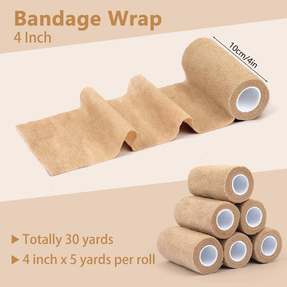 BEVTEE Selbstklebender Verbandswrap 6er-Pack, 4" x 5 Yards Elastischer Coban-Wrap, Kompressionsverband aus nicht gewebtem Material für Handgelenk, Knöchel, Hand, Bein, Schwellungen, Tierverband, Grifftape