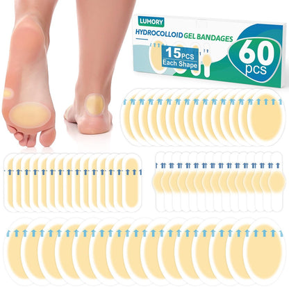LUMORY 60 Stück Hydrokolloid-Blasenpflaster, Gel-Blasenpflaster für die Füße, wasserdichte Blasenpflaster für Ferse, Zehen, Blasenprävention & Heilung, Blasenkissen in 4 Formen