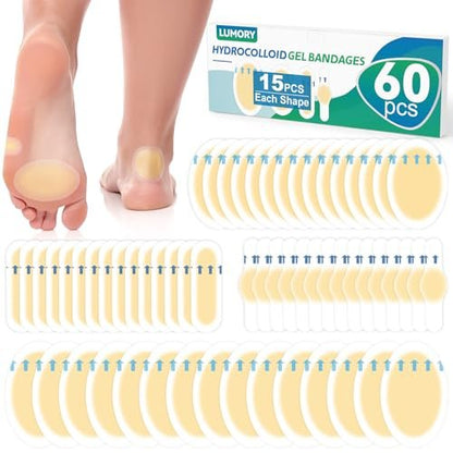 LUMORY 60 Stück Hydrokolloid-Blasenpflaster, Gel-Blasenpflaster für die Füße, wasserdichte Blasenpflaster für Ferse, Zehen, Blasenprävention & Heilung, Blasenkissen in 4 Formen