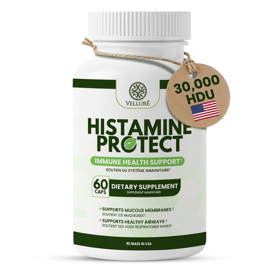 Velluré DAO Enzym Supplement – Histaminblocker mit 30.000 HDU Diaminoxidase, Quercetin, Magnesium & Vitamin C – 60 Kapseln für Histaminintoleranz & fermentierte Lebensmittel