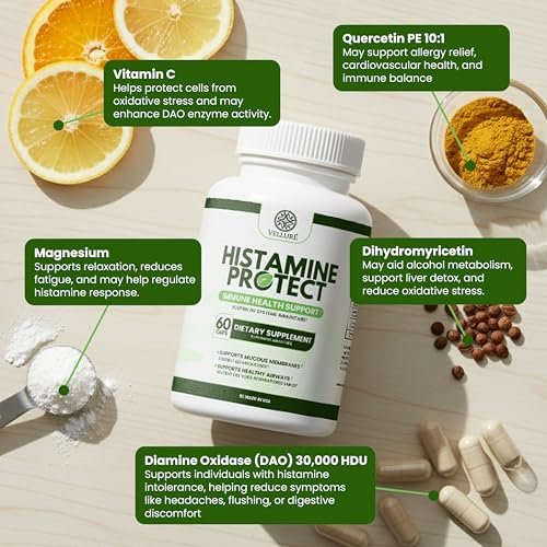 Velluré DAO Enzym Supplement – Histaminblocker mit 30.000 HDU Diaminoxidase, Quercetin, Magnesium & Vitamin C – 60 Kapseln für Histaminintoleranz & fermentierte Lebensmittel