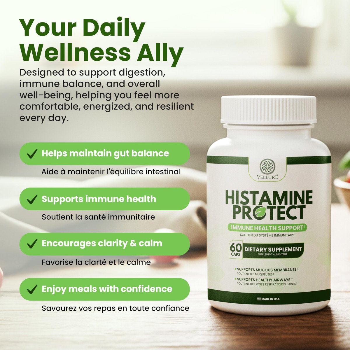 Velluré DAO Enzym Supplement – Histaminblocker mit 30.000 HDU Diaminoxidase, Quercetin, Magnesium & Vitamin C – 60 Kapseln für Histaminintoleranz & fermentierte Lebensmittel