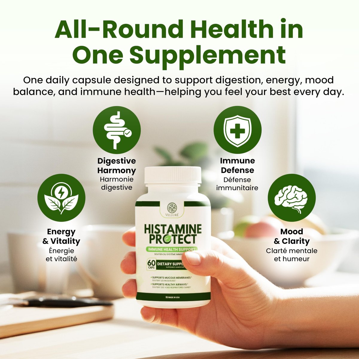 Velluré DAO Enzym Supplement – Histaminblocker mit 30.000 HDU Diaminoxidase, Quercetin, Magnesium & Vitamin C – 60 Kapseln für Histaminintoleranz & fermentierte Lebensmittel