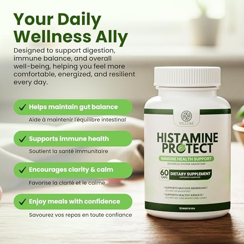 Velluré DAO Enzym Supplement – Histaminblocker mit 30.000 HDU Diaminoxidase, Quercetin, Magnesium & Vitamin C – 60 Kapseln für Histaminintoleranz & fermentierte Lebensmittel