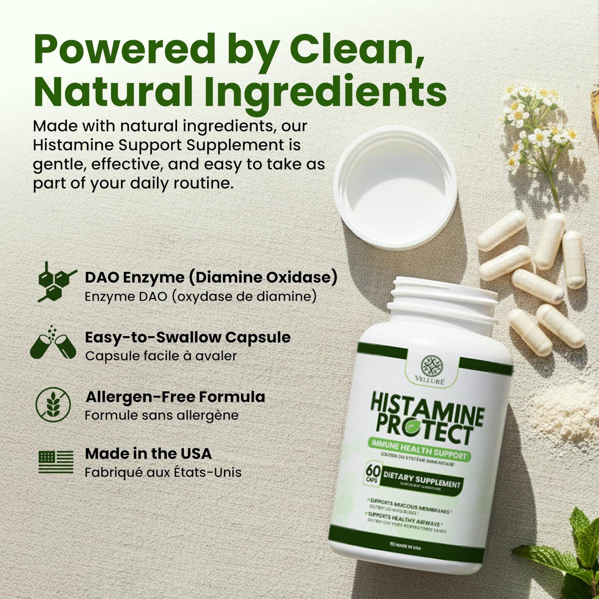 Velluré DAO Enzym Supplement – Histaminblocker mit 30.000 HDU Diaminoxidase, Quercetin, Magnesium & Vitamin C – 60 Kapseln für Histaminintoleranz & fermentierte Lebensmittel