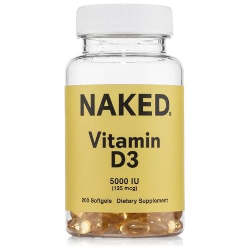 NAKED Vitamin D3 5000 IE – Hochdosiertes Vitamin-D-Präparat für Immunsystem, Knochenstärke und Muskelfunktion – 200 Vitamin-D-Weichkapseln