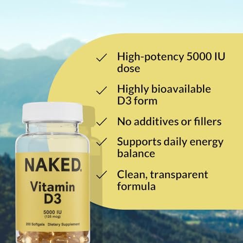 NAKED Vitamin D3 5000 IE – Hochdosiertes Vitamin-D-Präparat für Immunsystem, Knochenstärke und Muskelfunktion – 200 Vitamin-D-Weichkapseln