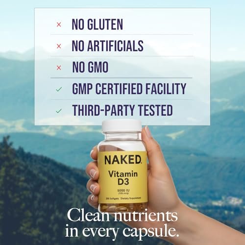 NAKED Vitamin D3 5000 IE – Hochdosiertes Vitamin-D-Präparat für Immunsystem, Knochenstärke und Muskelfunktion – 200 Vitamin-D-Weichkapseln