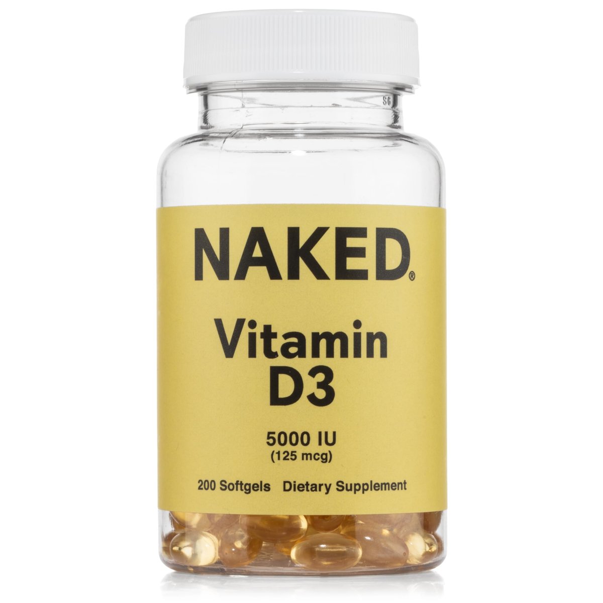 NAKED Vitamin D3 5000 IE – Hochdosiertes Vitamin-D-Präparat für Immunsystem, Knochenstärke und Muskelfunktion – 200 Vitamin-D-Weichkapseln