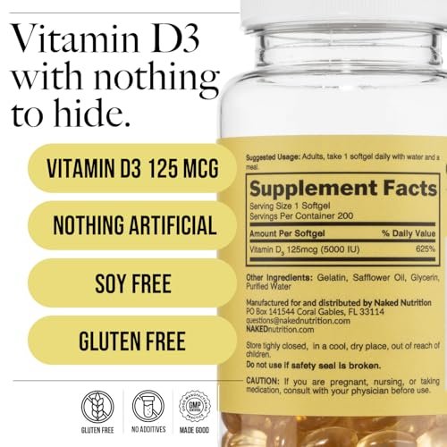NAKED Vitamin D3 5000 IE – Hochdosiertes Vitamin-D-Präparat für Immunsystem, Knochenstärke und Muskelfunktion – 200 Vitamin-D-Weichkapseln