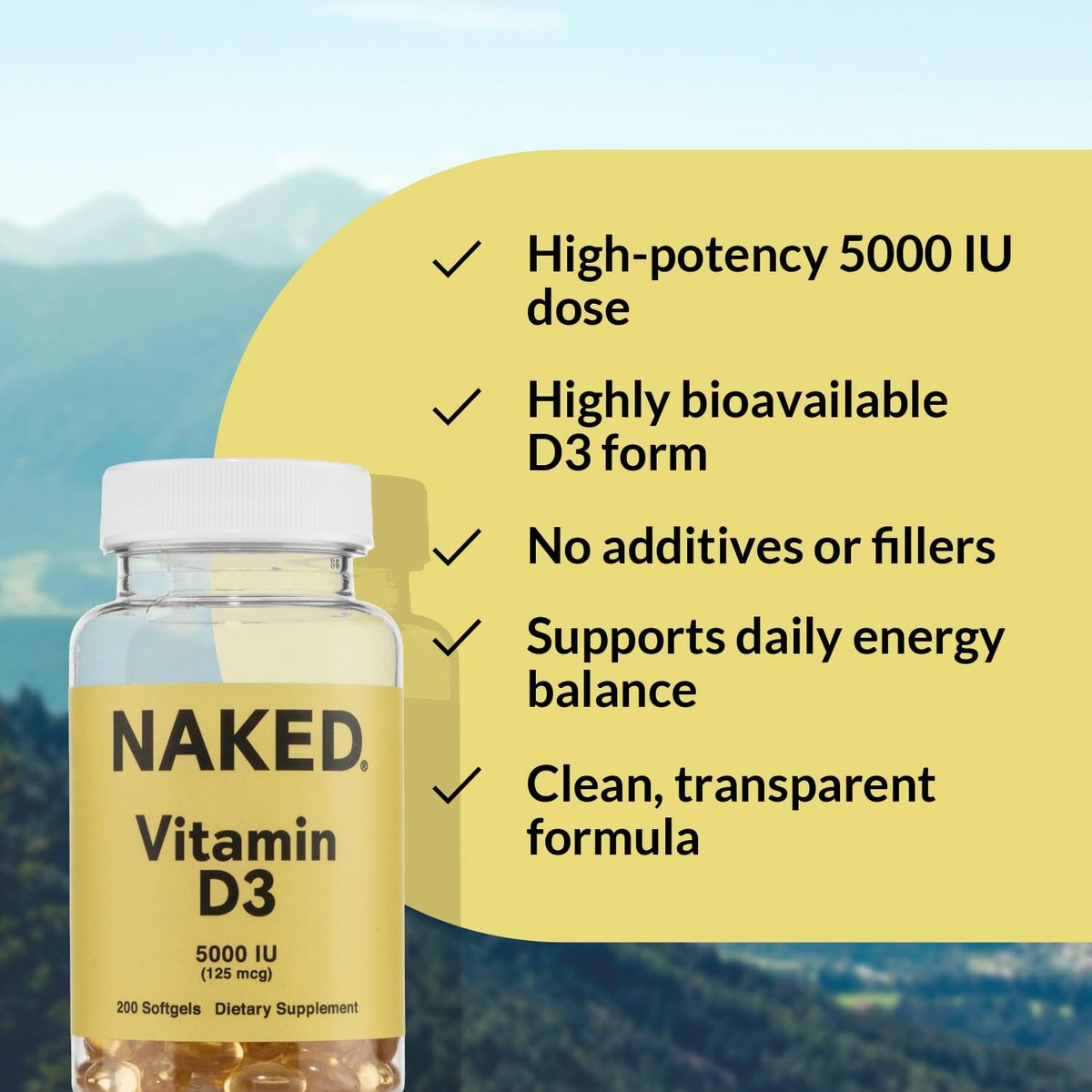 NAKED Vitamin D3 5000 IE – Hochdosiertes Vitamin-D-Präparat für Immunsystem, Knochenstärke und Muskelfunktion – 200 Vitamin-D-Weichkapseln