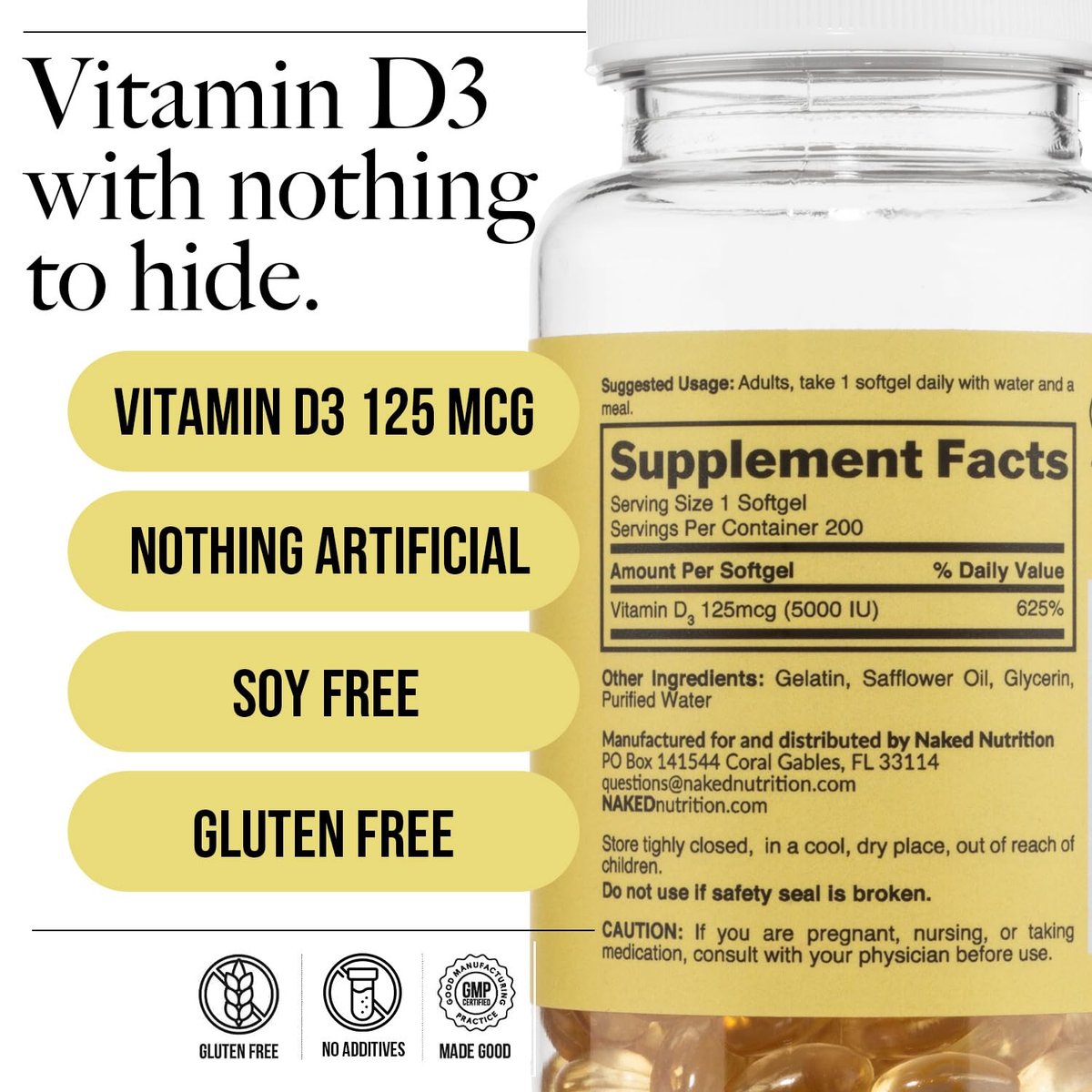 NAKED Vitamin D3 5000 IE – Hochdosiertes Vitamin-D-Präparat für Immunsystem, Knochenstärke und Muskelfunktion – 200 Vitamin-D-Weichkapseln