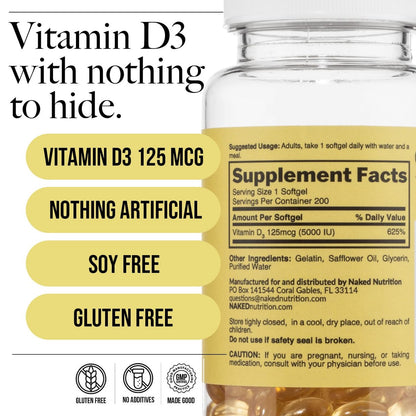 NAKED Vitamin D3 5000 IE – Hochdosiertes Vitamin-D-Präparat für Immunsystem, Knochenstärke und Muskelfunktion – 200 Vitamin-D-Weichkapseln