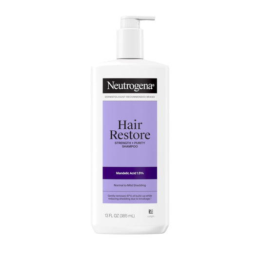 Neutrogena Hair Restore Stärke + Reinheit Shampoo, Peeling-Haarwäsche mit 1,5 % Mandelsäure, entfernt sanft 97 % der Rückstände und reduziert Haarausfall durch Bruch, parabenfrei, 385 ml