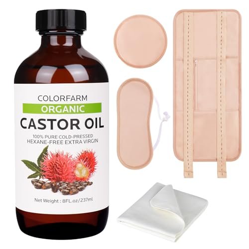 6-teiliges Rizinusöl-Pack-Wrap-Set: Bio kaltgepresstes Rizinusöl 240 ml mit wiederverwendbaren Pads - Verstellbare elastische Bänder für Bauch, Leber, Nacken