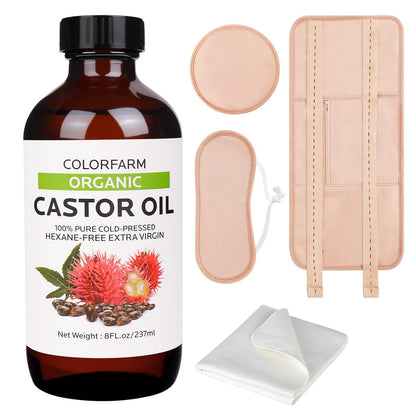 6-teiliges Rizinusöl-Pack-Wrap-Set: Bio kaltgepresstes Rizinusöl 240 ml mit wiederverwendbaren Pads - Verstellbare elastische Bänder für Bauch, Leber, Nacken