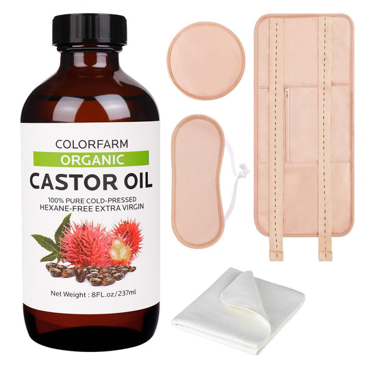 6-teiliges Rizinusöl-Pack-Wrap-Set: Bio kaltgepresstes Rizinusöl 240 ml mit wiederverwendbaren Pads - Verstellbare elastische Bänder für Bauch, Leber, Nacken