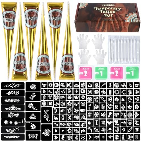 PFARRER Temporäre Tattoos Schablonen Set - 6 Stück, 3 Farben (3 Braun, 2 Schwarz, 1 Rot) mit Handschuhen, DIY Körperkunst für Frauen, Männer, Erwachsene TA636KIT