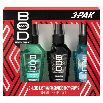 BOD man Body Spray Geschenkset – Black, Fresh Guy, Blue Surf (3er-Pack, 3 x 29,6 ml)