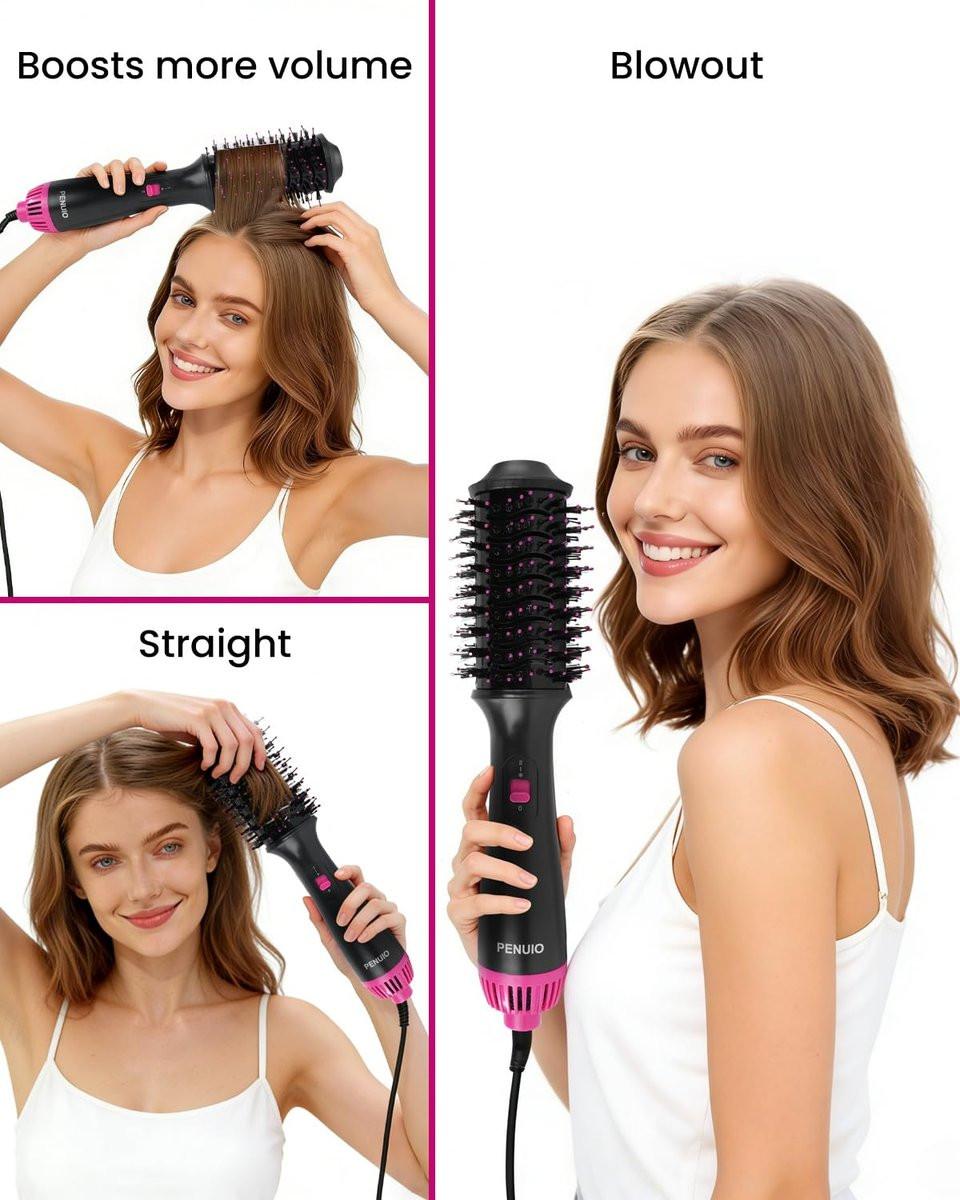 PENUIO Haar Föhn Bürste 4-in-1 Heißluft-Styler, Blowout Bürste mit Ionen-Technologie | Ovaler großer Zylinder | Anti-Frizz-Blowout für mittellanges Haar [Nicht für kurzes Haar] 3,5 Zoll