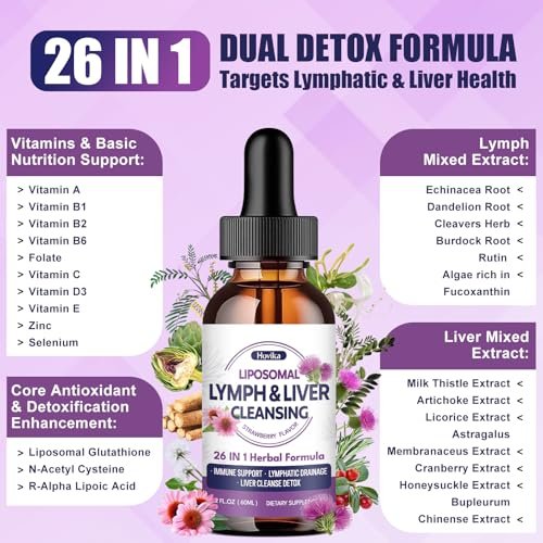 Liposomale Lymphdrainage-Tropfen, 26-in-1 Leberreinigung & Entgiftung mit Mariendistel, Echinacea, Glutathion, Vitaminen – Lymph-Leber-Kur für Darm- und Stoffwechselgesundheit – Erdbeergeschmack, 60 ml
