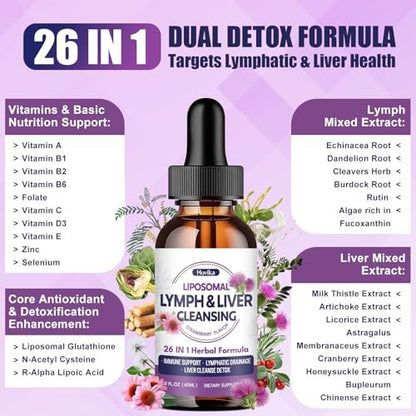 Liposomale Lymphdrainage-Tropfen, 26-in-1 Leberreinigung & Entgiftung mit Mariendistel, Echinacea, Glutathion, Vitaminen – Lymph-Leber-Kur für Darm- und Stoffwechselgesundheit – Erdbeergeschmack, 60 ml