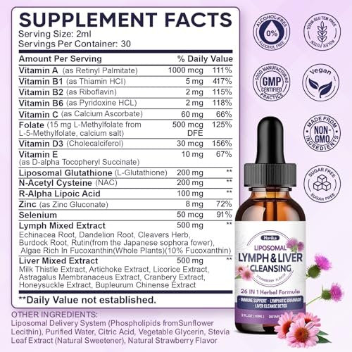 Liposomale Lymphdrainage-Tropfen, 26-in-1 Leberreinigung & Entgiftung mit Mariendistel, Echinacea, Glutathion, Vitaminen – Lymph-Leber-Kur für Darm- und Stoffwechselgesundheit – Erdbeergeschmack, 60 ml