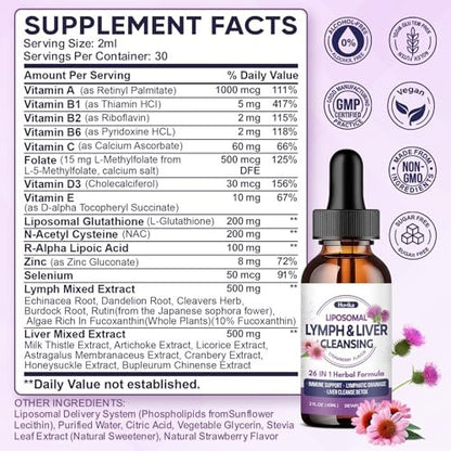 Liposomale Lymphdrainage-Tropfen, 26-in-1 Leberreinigung & Entgiftung mit Mariendistel, Echinacea, Glutathion, Vitaminen – Lymph-Leber-Kur für Darm- und Stoffwechselgesundheit – Erdbeergeschmack, 60 ml
