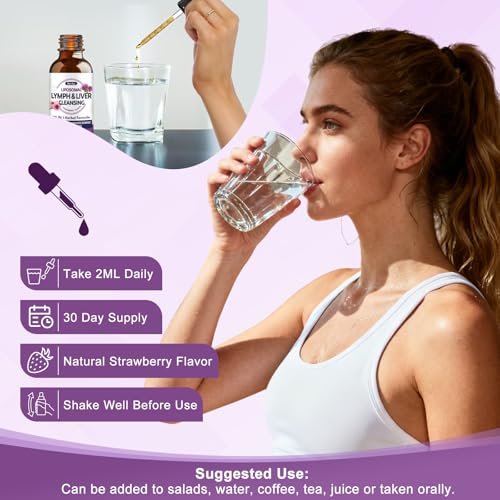 Liposomale Lymphdrainage-Tropfen, 26-in-1 Leberreinigung & Entgiftung mit Mariendistel, Echinacea, Glutathion, Vitaminen – Lymph-Leber-Kur für Darm- und Stoffwechselgesundheit – Erdbeergeschmack, 60 ml