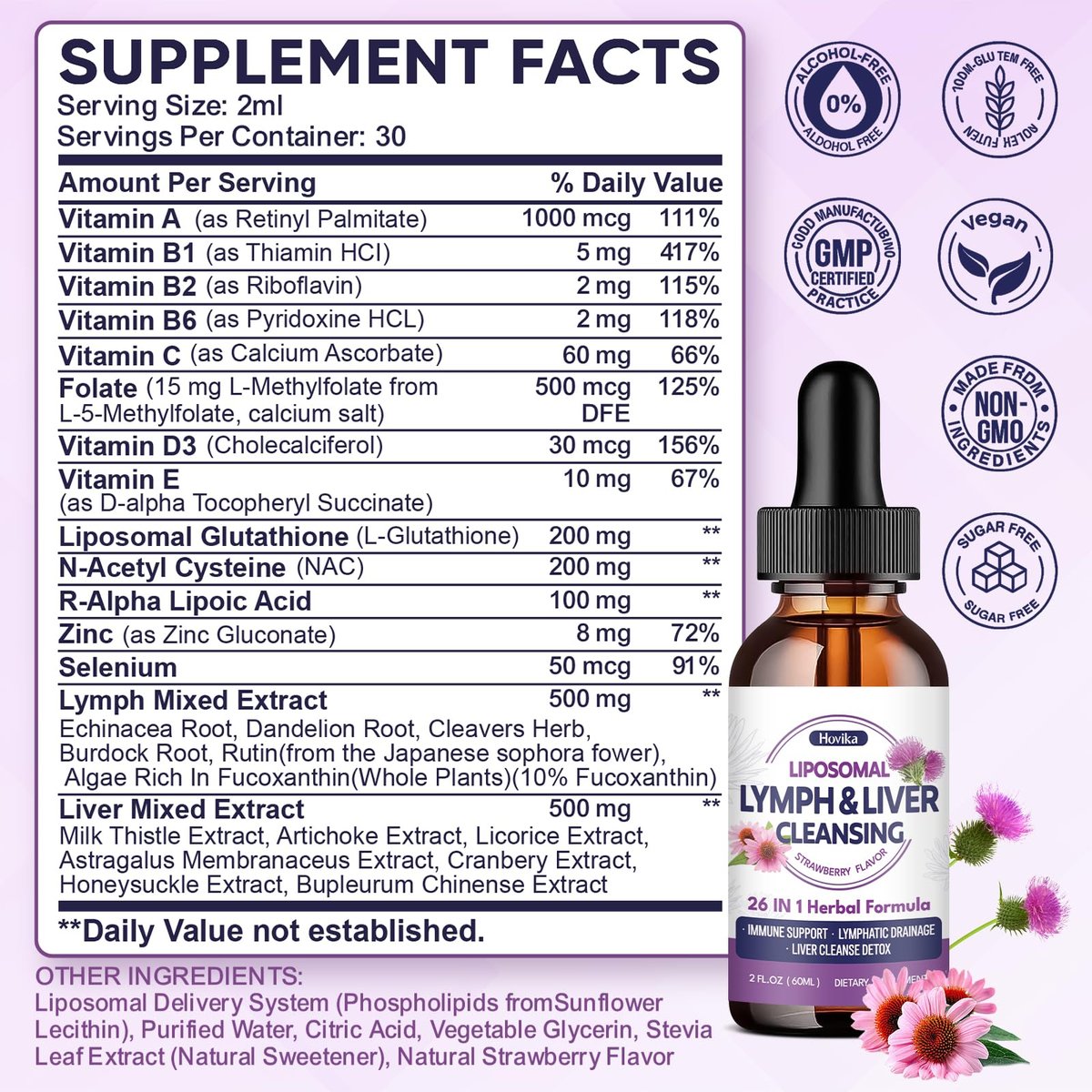 Liposomale Lymphdrainage-Tropfen, 26-in-1 Leberreinigung & Entgiftung mit Mariendistel, Echinacea, Glutathion, Vitaminen – Lymph-Leber-Kur für Darm- und Stoffwechselgesundheit – Erdbeergeschmack, 60 ml